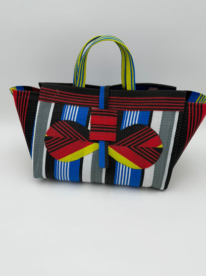 Regal Large handwoven tote bag by SCRUBIES in Red,Black,Blue,White,Yellow with Stripes design and Bow accent pattern
