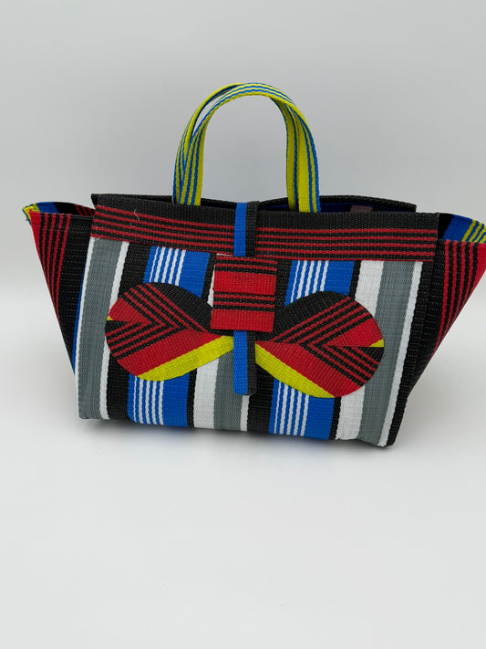 Regal Large handwoven tote bag by SCRUBIES in Red,Black,Blue,White,Yellow with Stripes design and Bow accent pattern