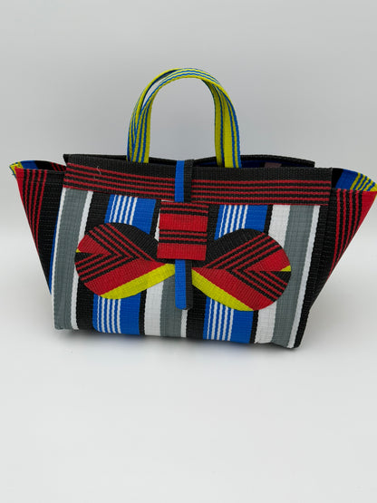 Regal Large handwoven tote bag by SCRUBIES in Red,Black,Blue,White,Yellow with Stripes design and Bow accent pattern