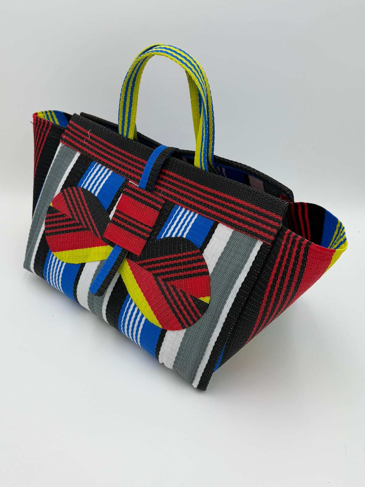 Regal Large handwoven tote bag by SCRUBIES in Red,Black,Blue,White,Yellow with Stripes design and Bow accent pattern