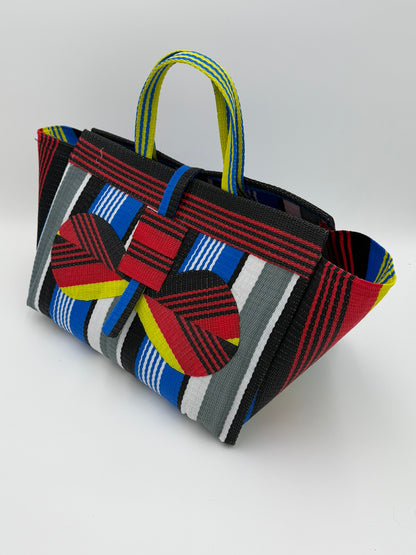 Regal Large handwoven tote bag by SCRUBIES in Red,Black,Blue,White,Yellow with Stripes design and Bow accent pattern