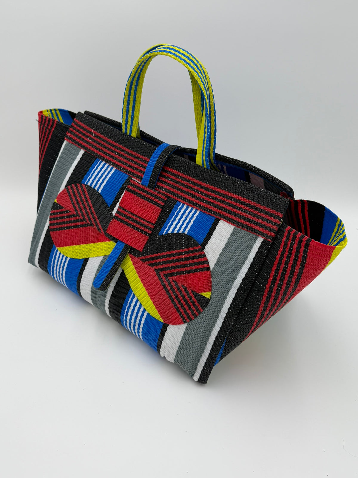 Regal Large handwoven tote bag by SCRUBIES in Red,Black,Blue,White,Yellow with Stripes design and Bow accent pattern