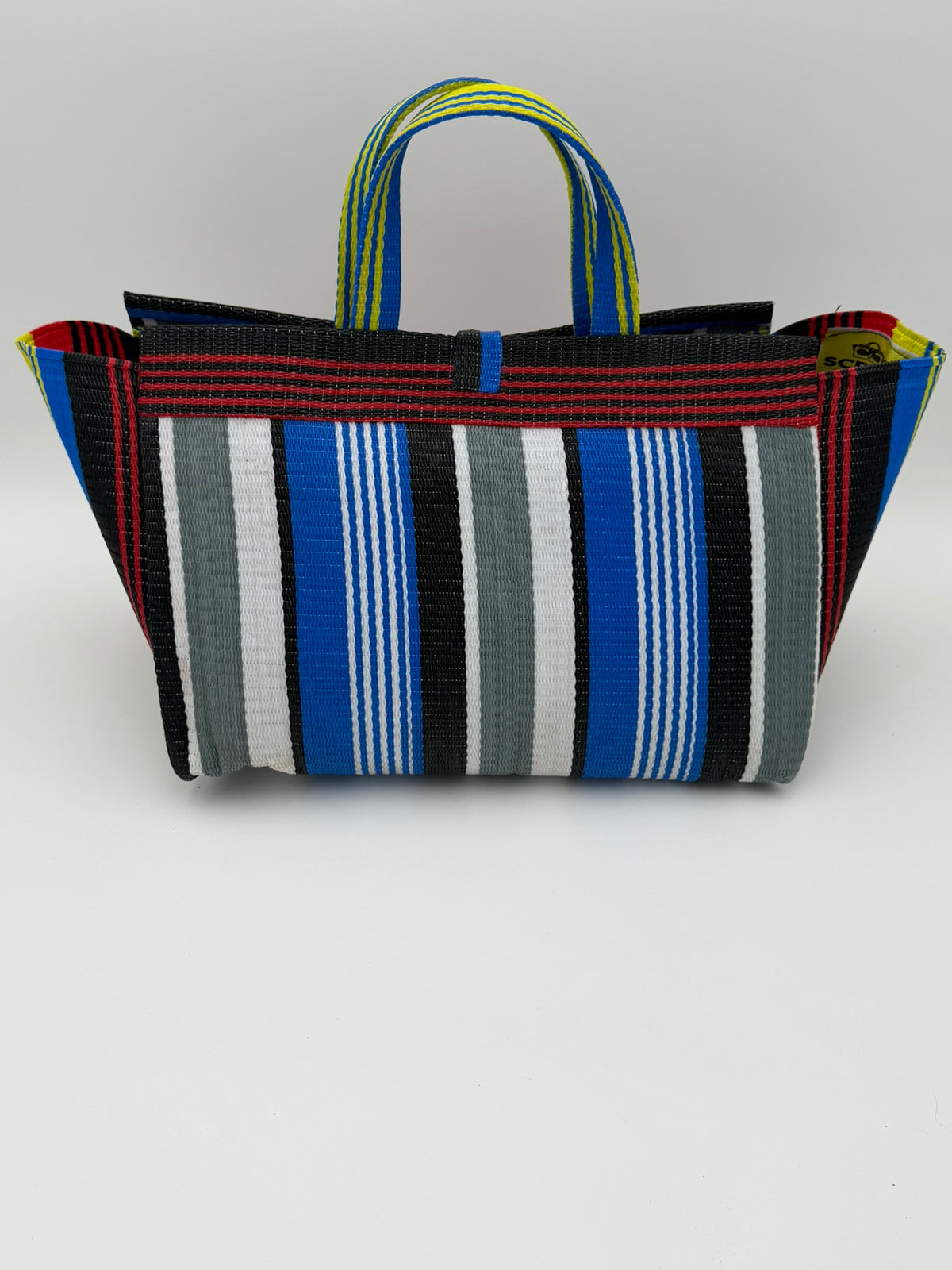 Regal Large handwoven tote bag by SCRUBIES in Red,Black,Blue,White,Yellow with Stripes design and Bow accent pattern
