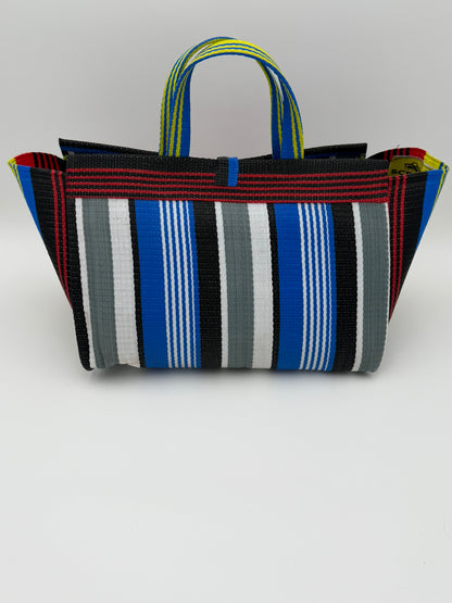 Regal Large handwoven tote bag by SCRUBIES in Red,Black,Blue,White,Yellow with Stripes design and Bow accent pattern