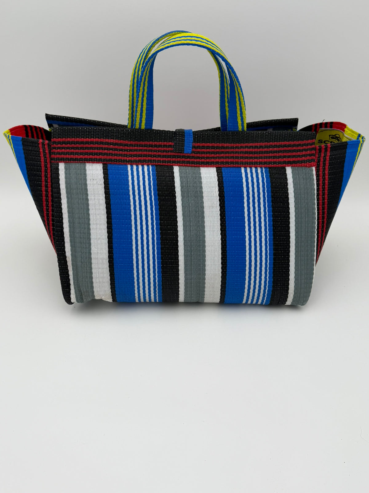 Regal Large handwoven tote bag by SCRUBIES in Red,Black,Blue,White,Yellow with Stripes design and Bow accent pattern