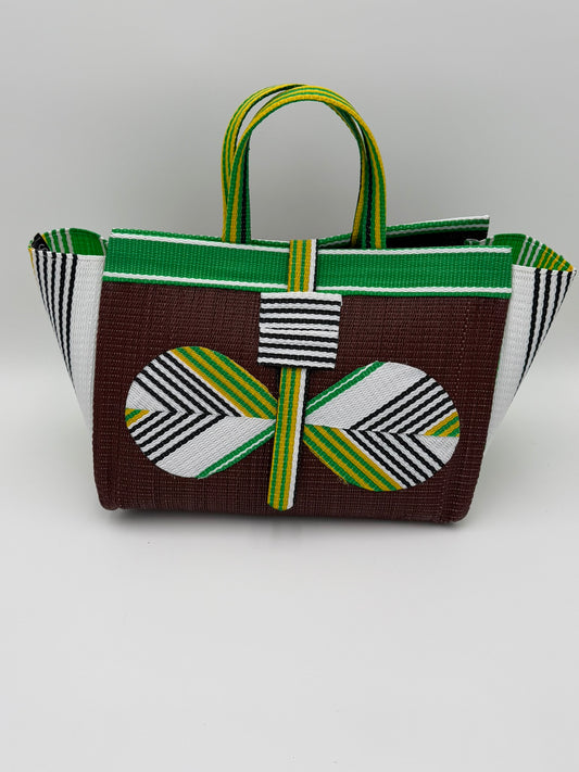 Brownie Large handwoven tote bag by SCRUBIES in Brown,Green,White,Yellow with Solid design and Bow accent pattern