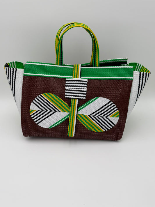 Brownie Large handwoven tote bag by SCRUBIES in Brown,Green,White,Yellow with Solid design and Bow accent pattern
