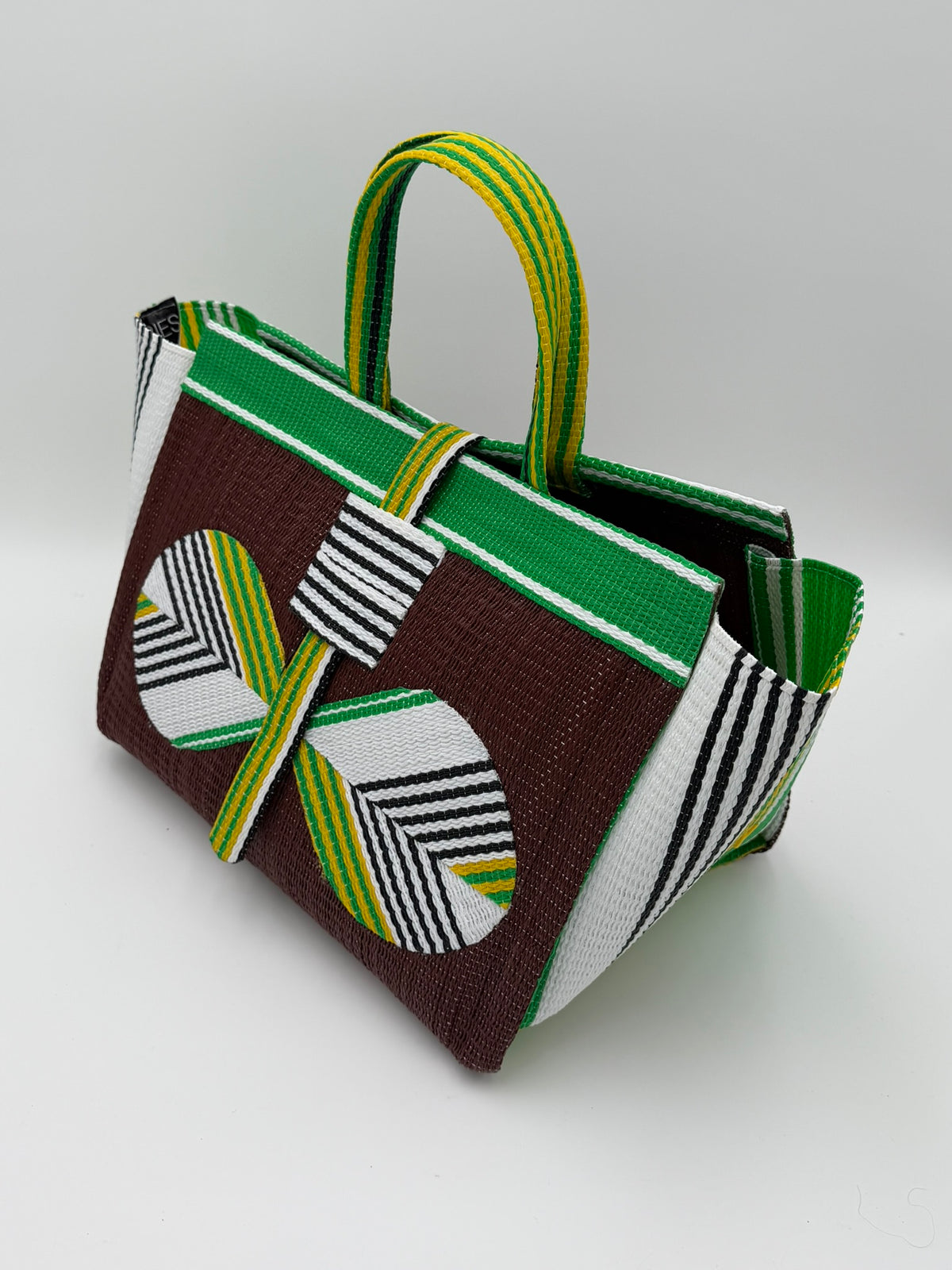 Brownie Large handwoven tote bag by SCRUBIES in Brown,Green,White,Yellow with Solid design and Bow accent pattern