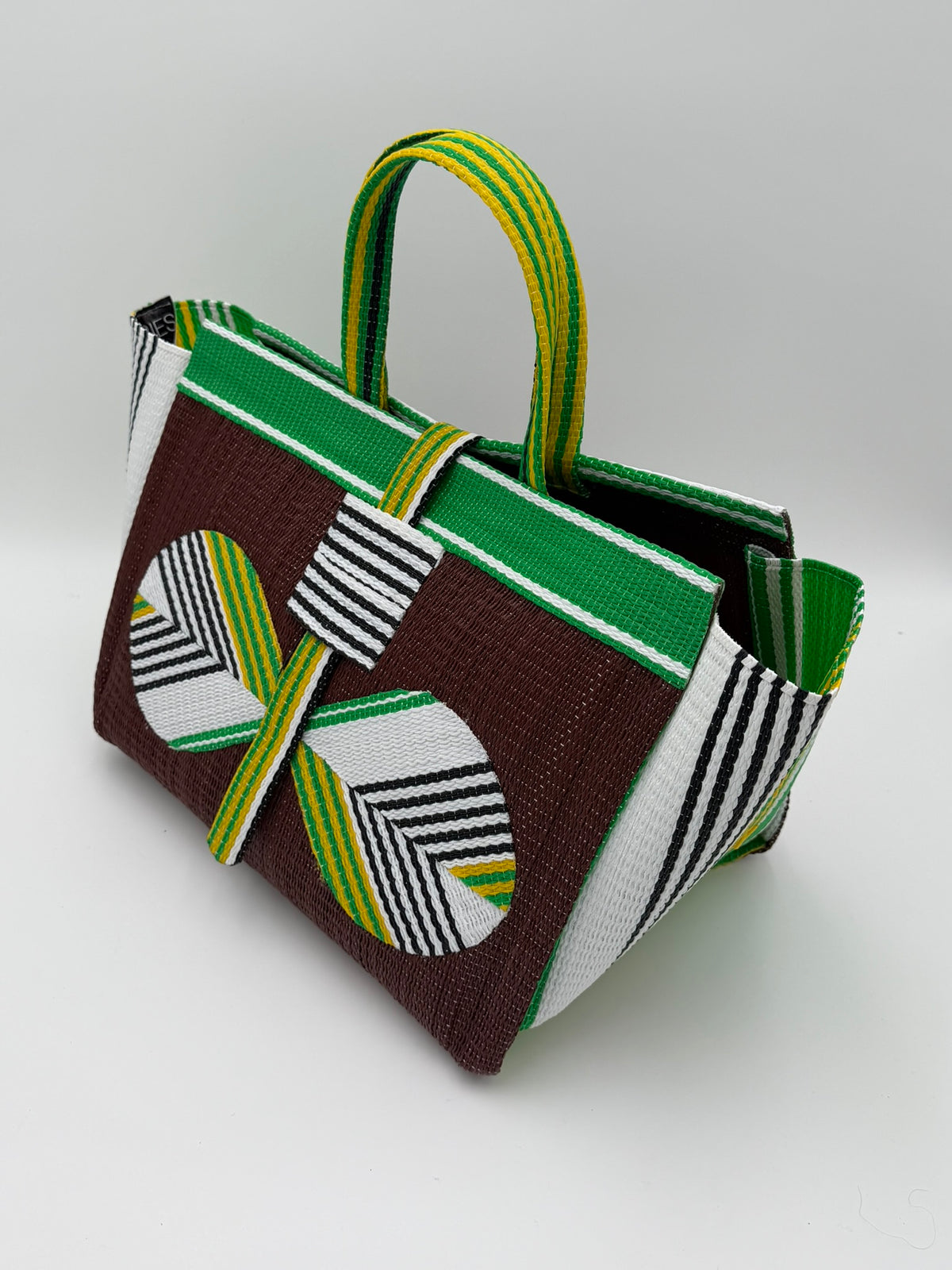 Brownie Large handwoven tote bag by SCRUBIES in Brown,Green,White,Yellow with Solid design and Bow accent pattern