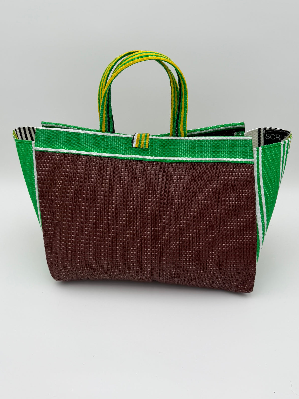 Brownie Large handwoven tote bag by SCRUBIES in Brown,Green,White,Yellow with Solid design and Bow accent pattern