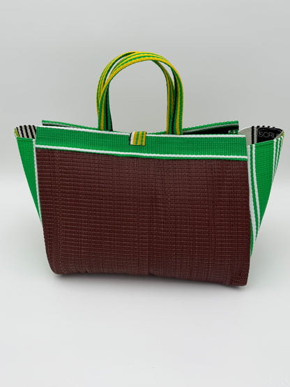 Brownie Large handwoven tote bag by SCRUBIES in Brown,Green,White,Yellow with Solid design and Bow accent pattern