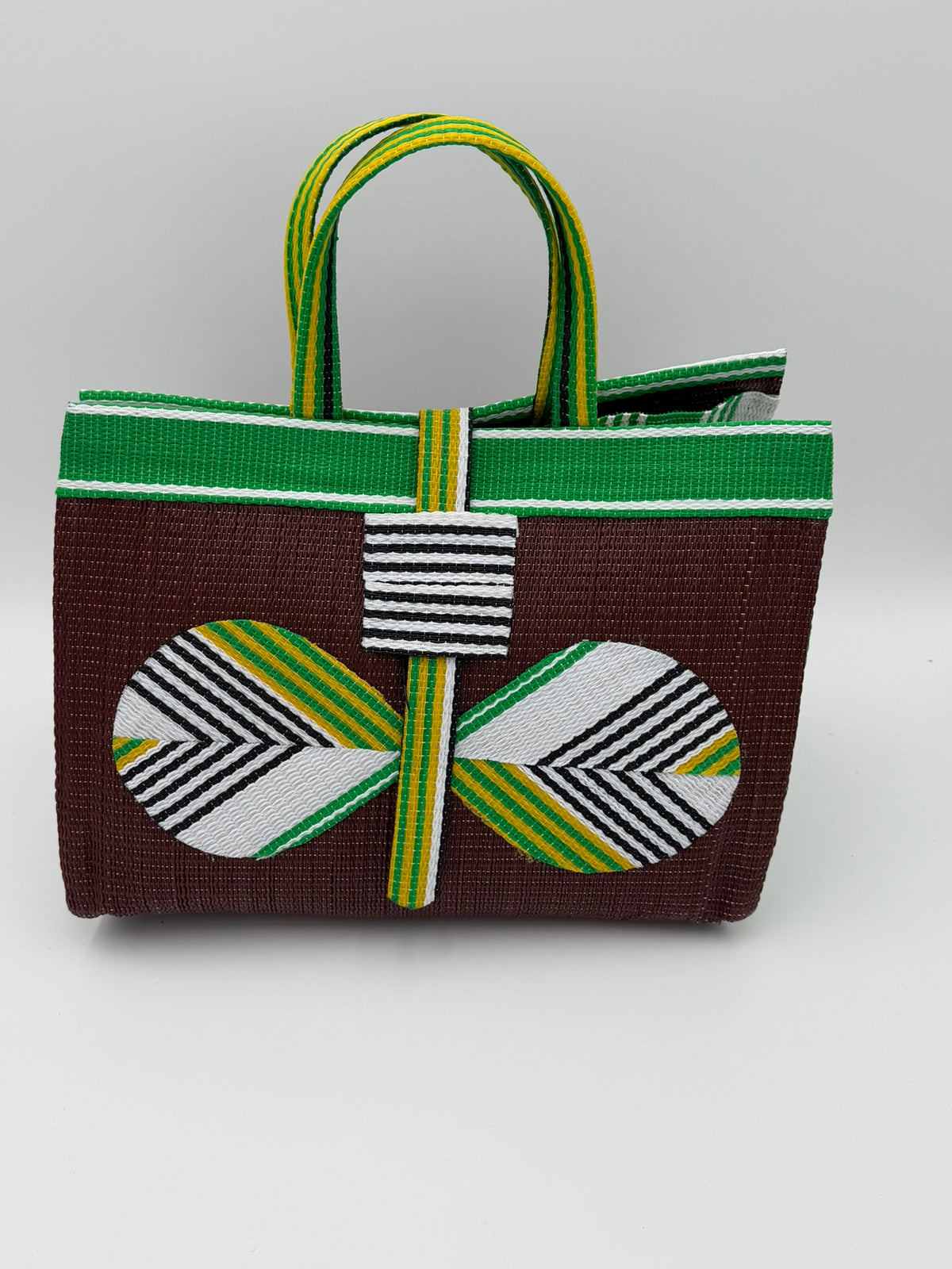 Brownie Large handwoven tote bag by SCRUBIES in Brown,Green,White,Yellow with Solid design and Bow accent pattern
