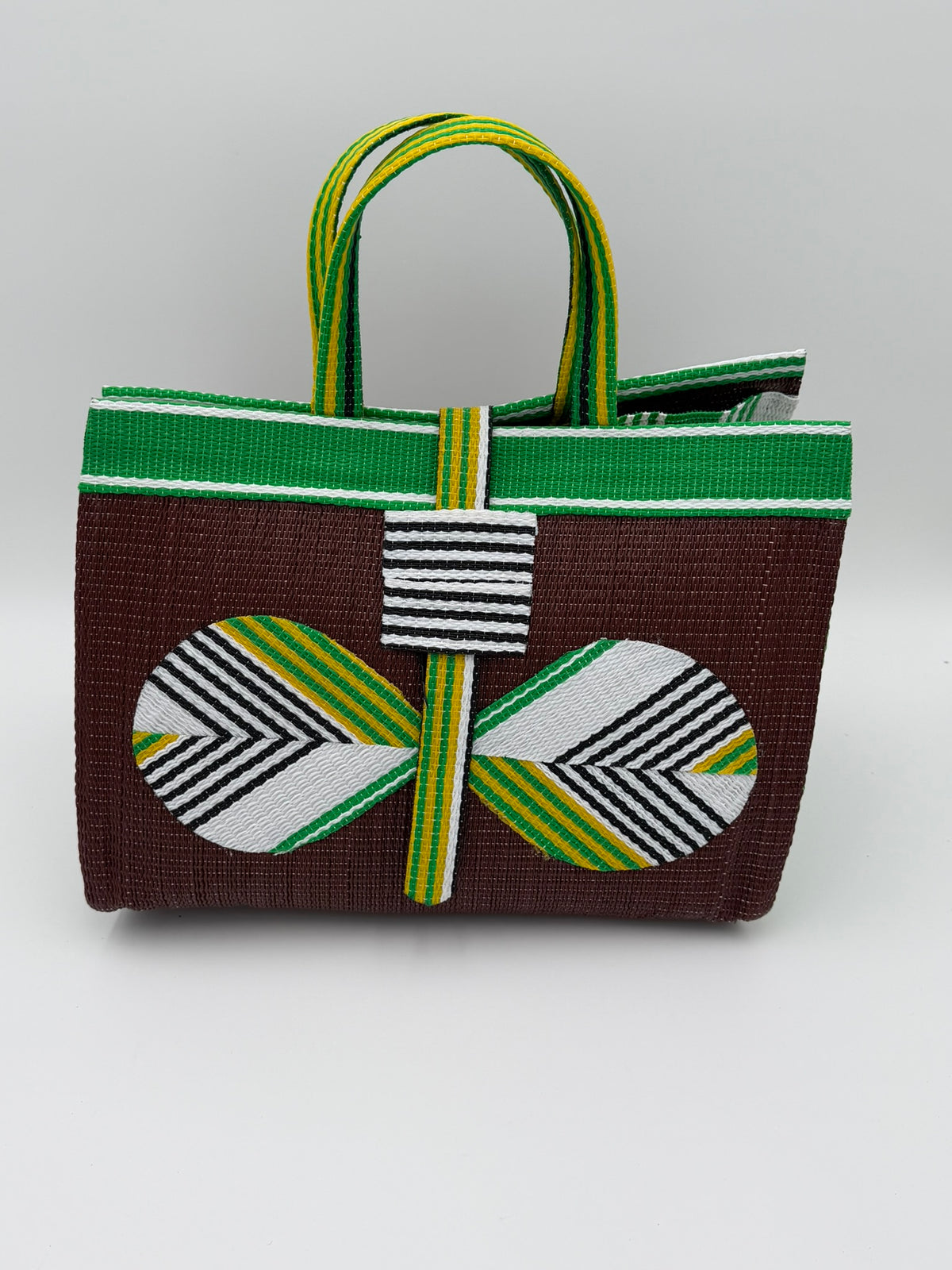 Brownie Large handwoven tote bag by SCRUBIES in Brown,Green,White,Yellow with Solid design and Bow accent pattern
