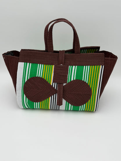 Emerald Large handwoven tote bag by SCRUBIES in Brown,Green,White,Yellow with Stripes design and Bow accent pattern