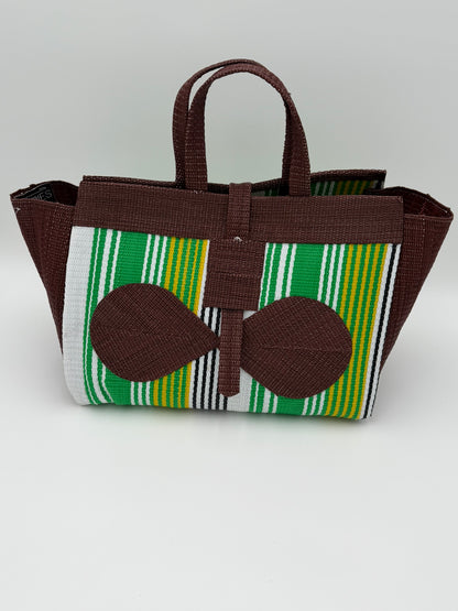 Emerald Large handwoven tote bag by SCRUBIES in Brown,Green,White,Yellow with Stripes design and Bow accent pattern
