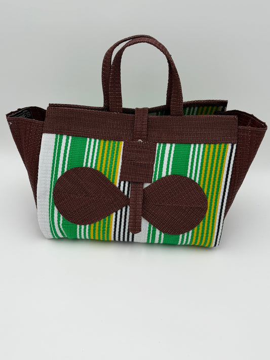 Emerald Large handwoven tote bag by SCRUBIES in Brown,Green,White,Yellow with Stripes design and Bow accent pattern