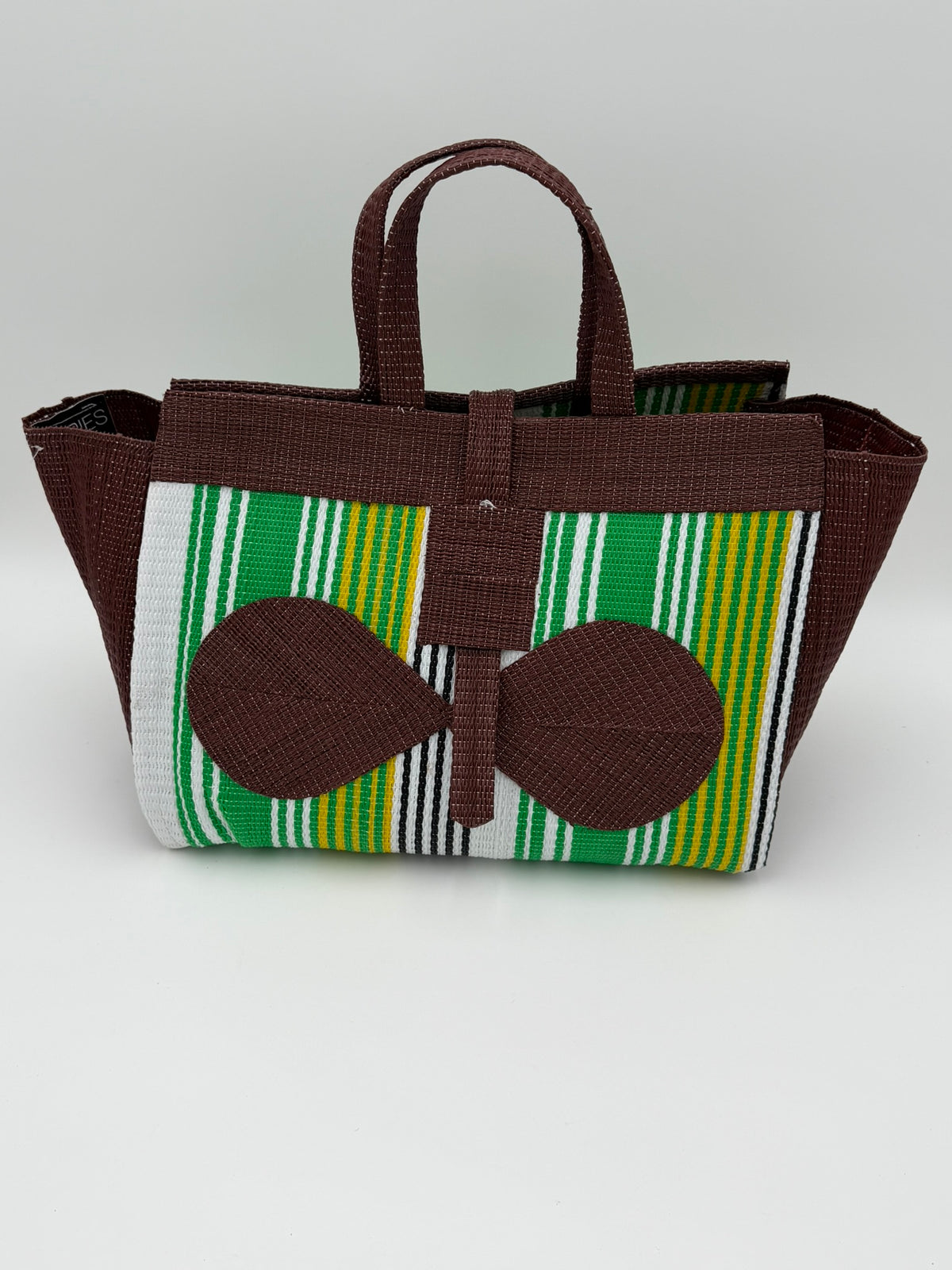 Emerald Large handwoven tote bag by SCRUBIES in Brown,Green,White,Yellow with Stripes design and Bow accent pattern