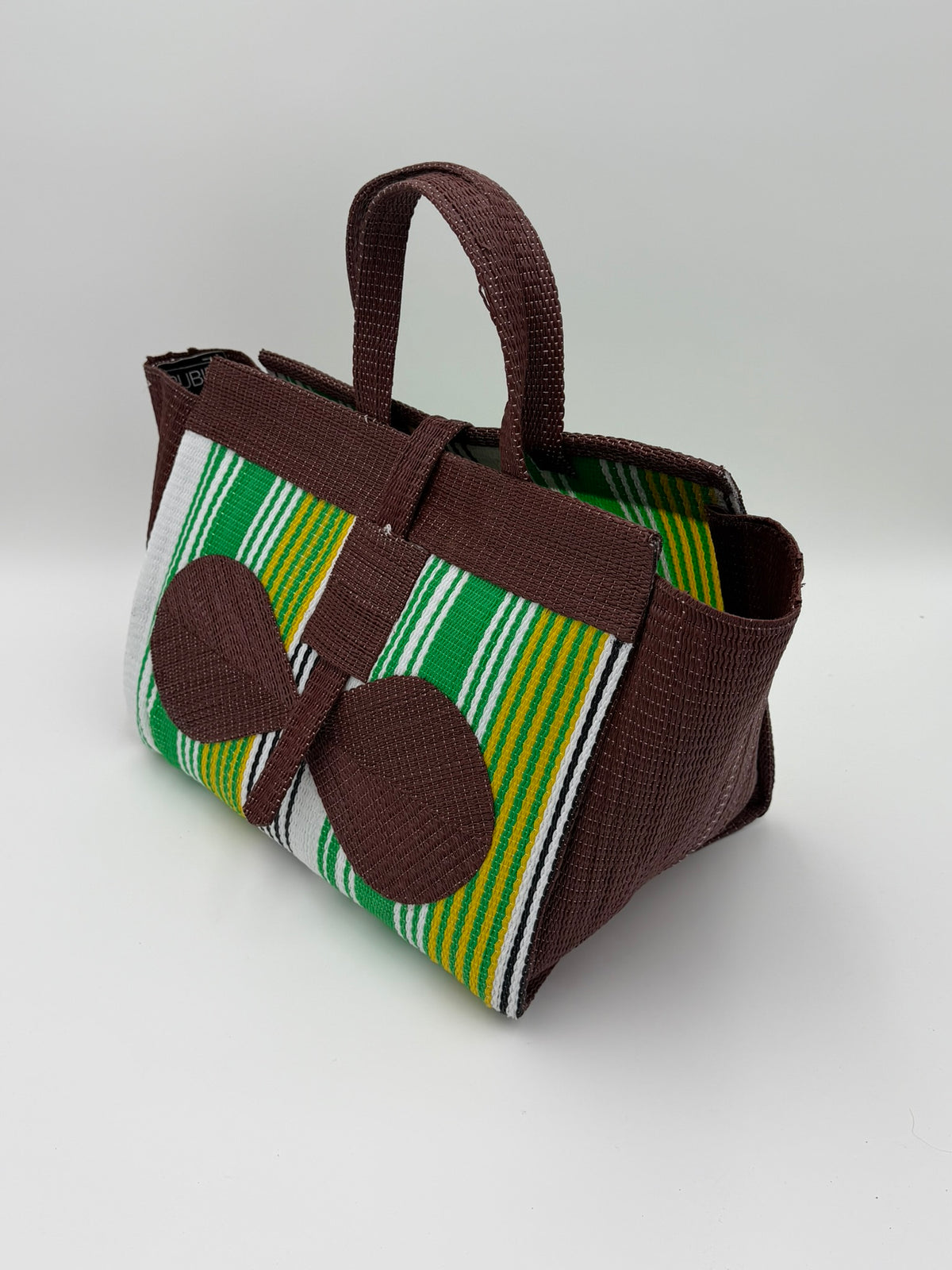 Emerald Large handwoven tote bag by SCRUBIES in Brown,Green,White,Yellow with Stripes design and Bow accent pattern