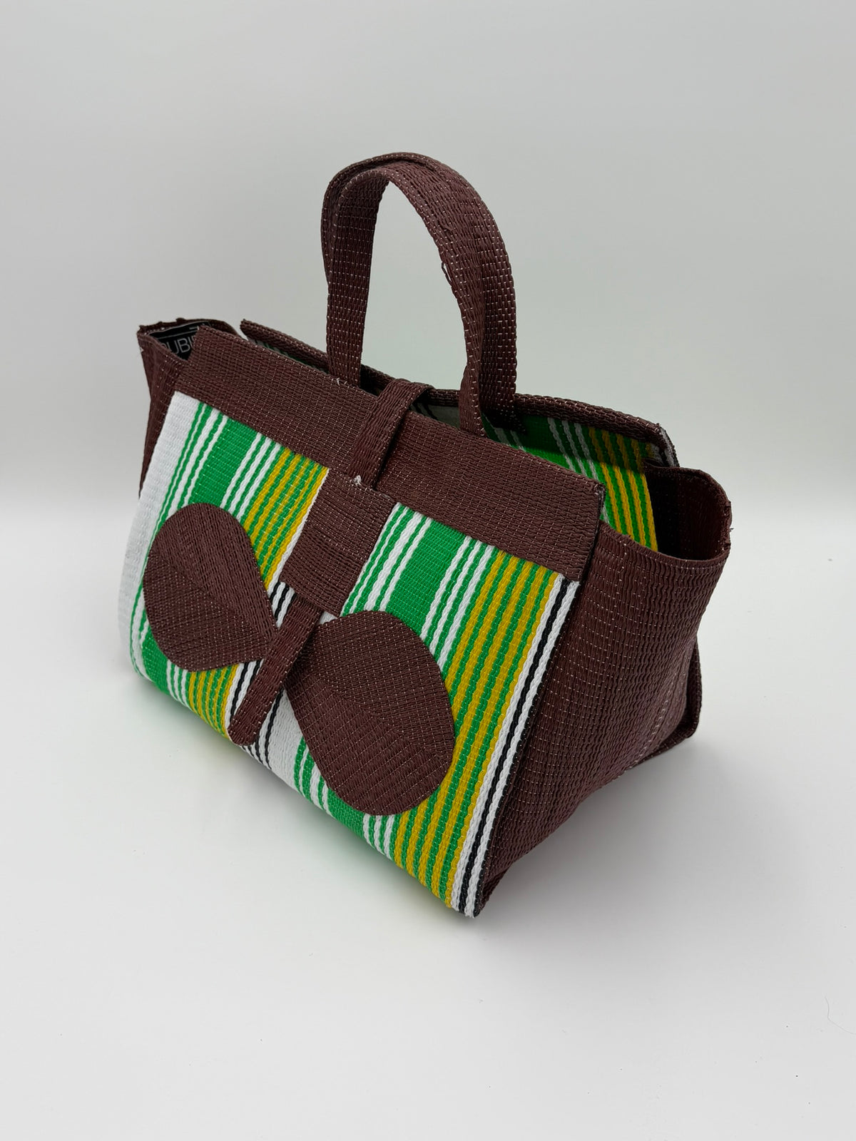Emerald Large handwoven tote bag by SCRUBIES in Brown,Green,White,Yellow with Stripes design and Bow accent pattern