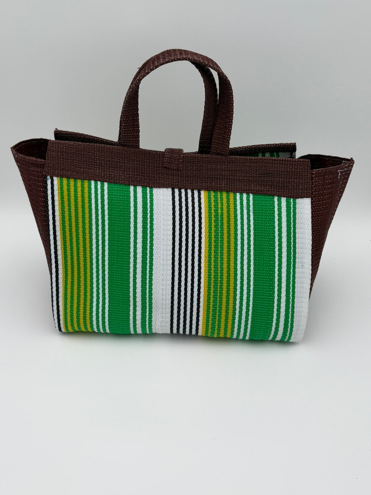 Emerald Large handwoven tote bag by SCRUBIES in Brown,Green,White,Yellow with Stripes design and Bow accent pattern