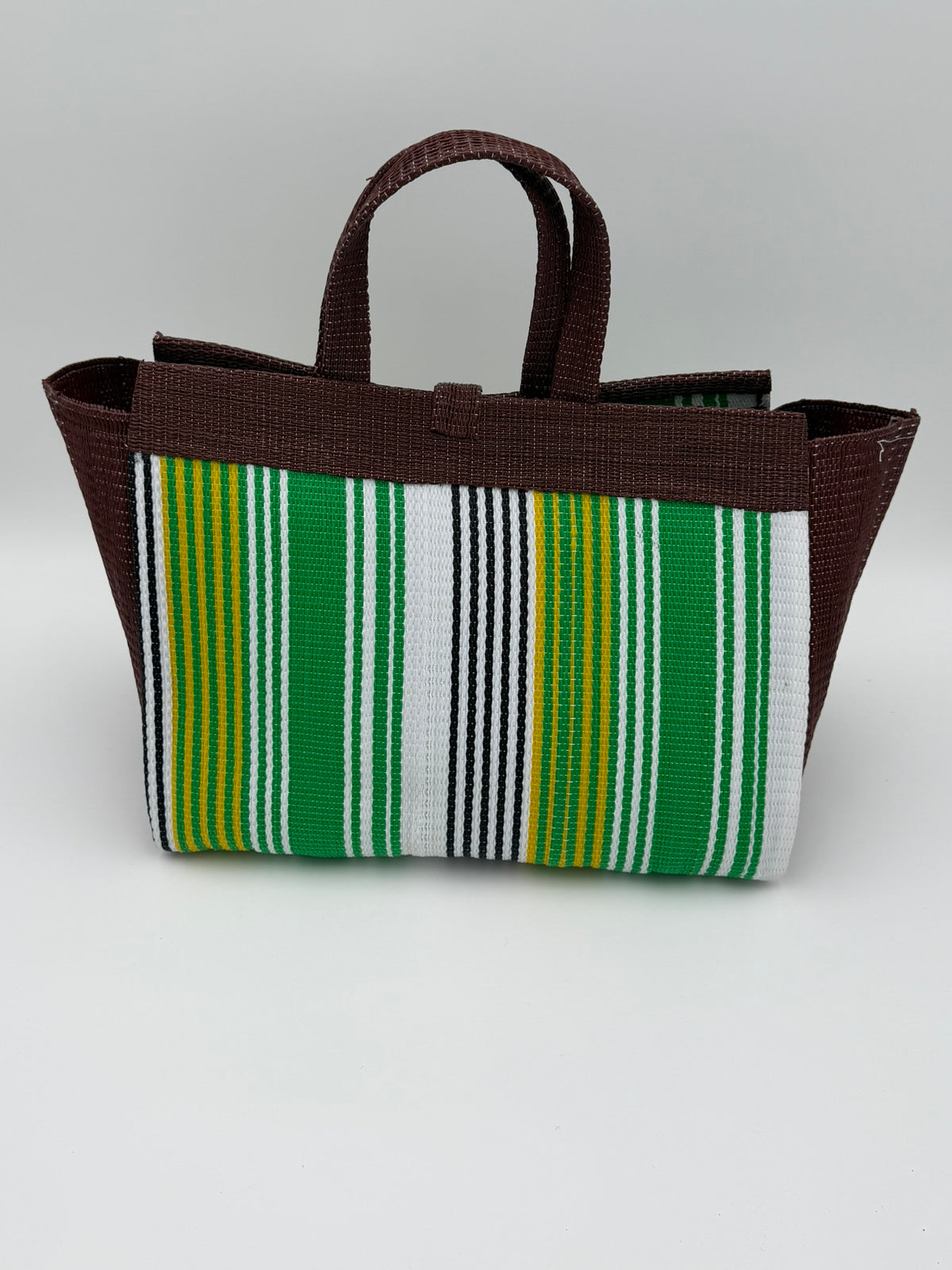 Emerald Large handwoven tote bag by SCRUBIES in Brown,Green,White,Yellow with Stripes design and Bow accent pattern