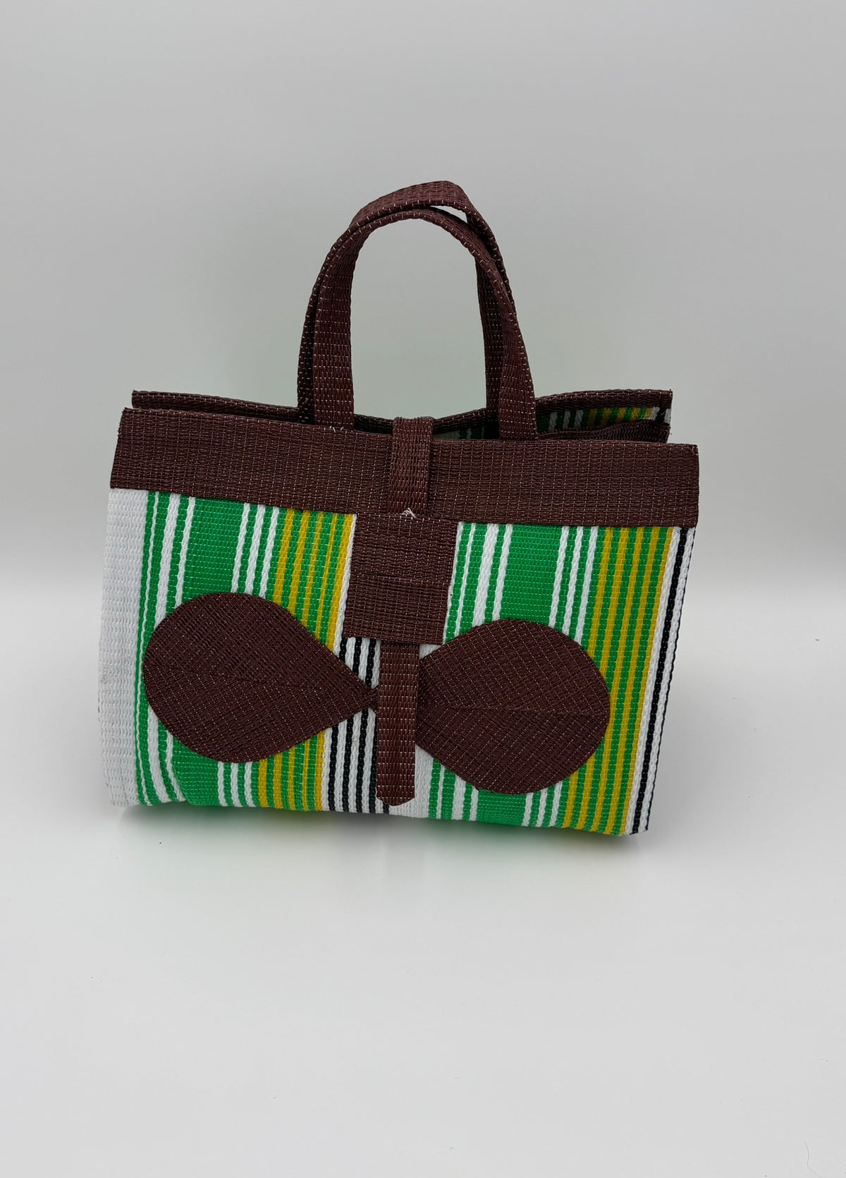 Emerald Large handwoven tote bag by SCRUBIES in Brown,Green,White,Yellow with Stripes design and Bow accent pattern