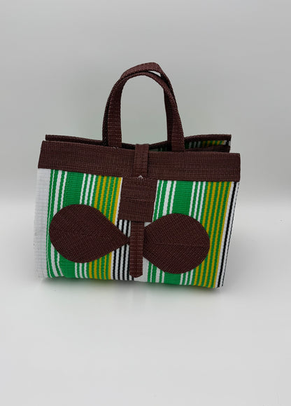 Emerald Large handwoven tote bag by SCRUBIES in Brown,Green,White,Yellow with Stripes design and Bow accent pattern