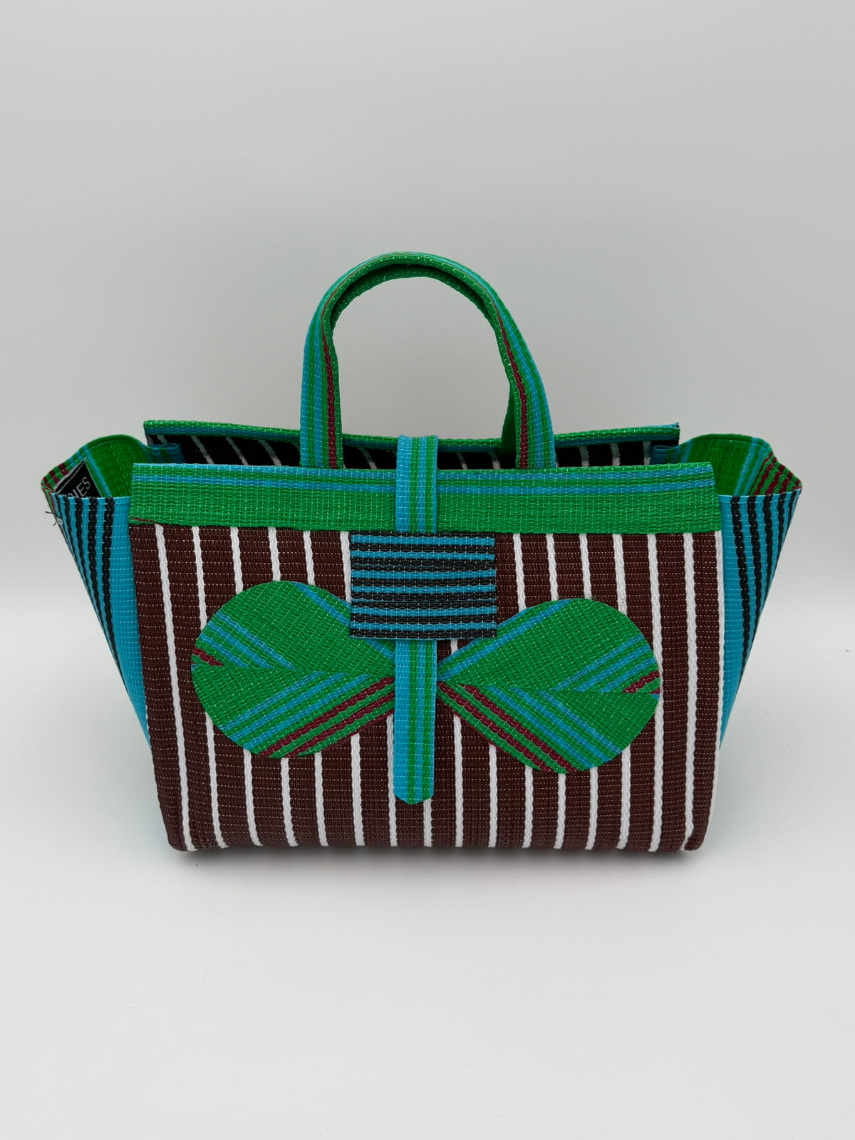 Brownie Large handwoven tote bag by SCRUBIES in Brown,Green,White, with Stripes design and Bow accent pattern