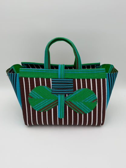 Brownie Large handwoven tote bag by SCRUBIES in Brown,Green,White, with Stripes design and Bow accent pattern