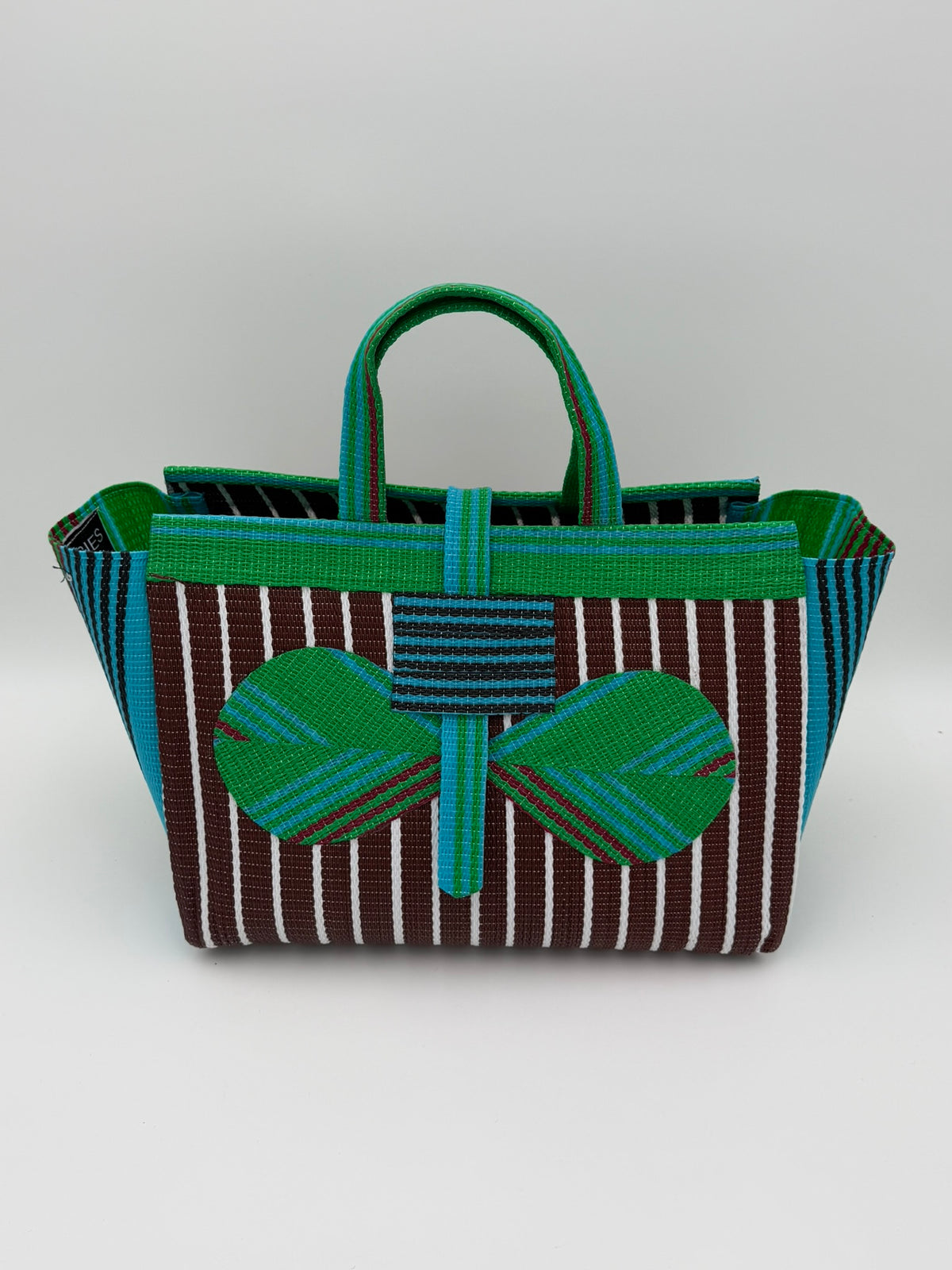 Brownie Large handwoven tote bag by SCRUBIES in Brown,Green,White, with Stripes design and Bow accent pattern