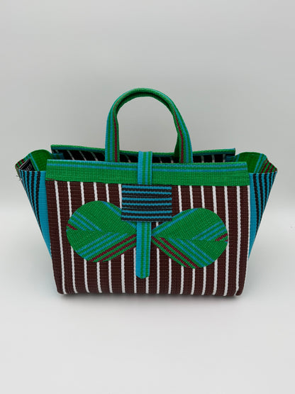 Brownie Large handwoven tote bag by SCRUBIES in Brown,Green,White, with Stripes design and Bow accent pattern