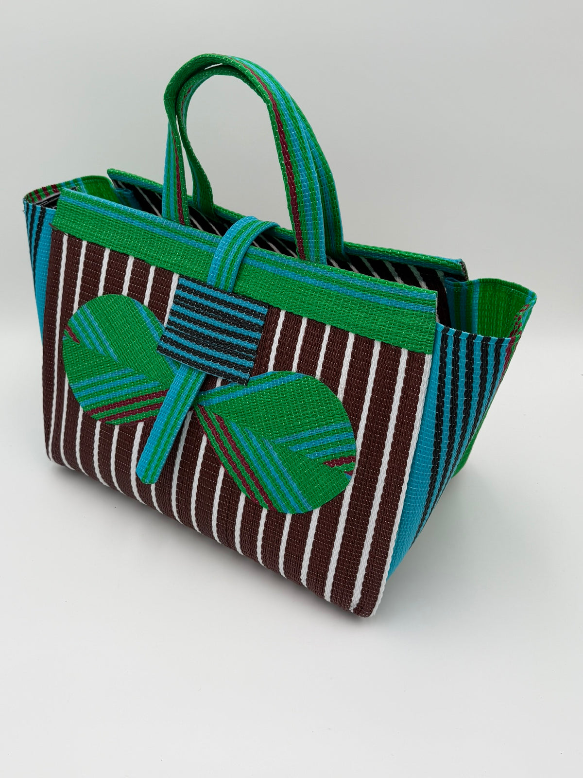 Brownie Large handwoven tote bag by SCRUBIES in Brown,Green,White, with Stripes design and Bow accent pattern