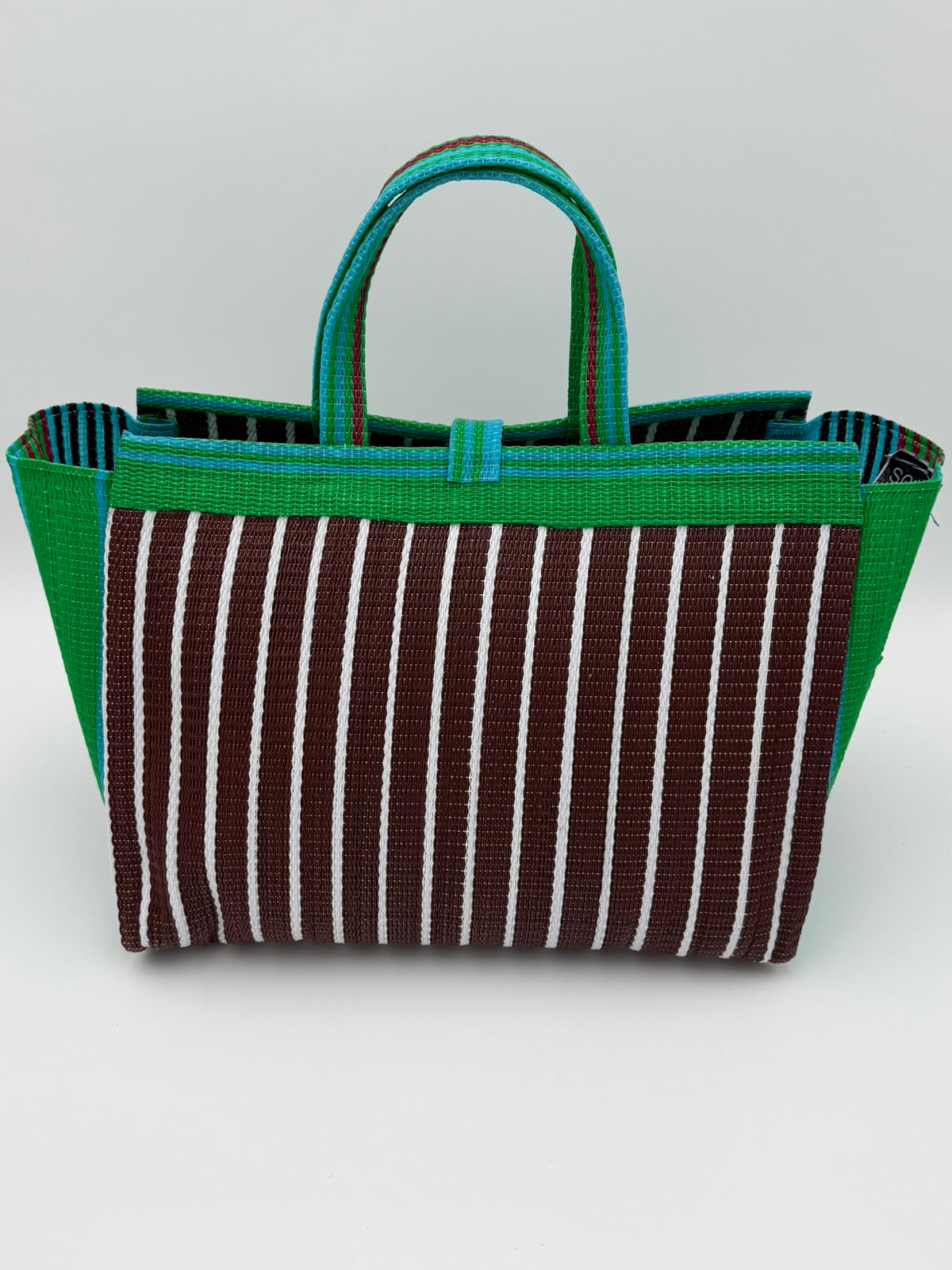 Brownie Large handwoven tote bag by SCRUBIES in Brown,Green,White, with Stripes design and Bow accent pattern