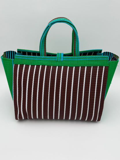 Brownie Large handwoven tote bag by SCRUBIES in Brown,Green,White, with Stripes design and Bow accent pattern