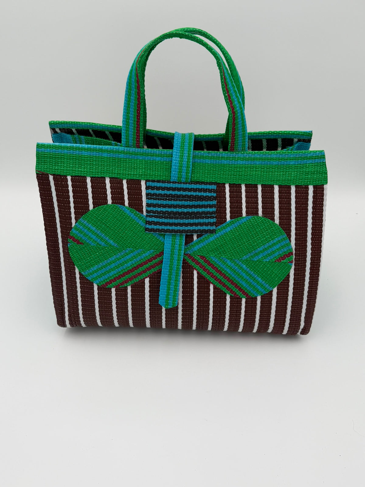 Brownie Large handwoven tote bag by SCRUBIES in Brown,Green,White, with Stripes design and Bow accent pattern