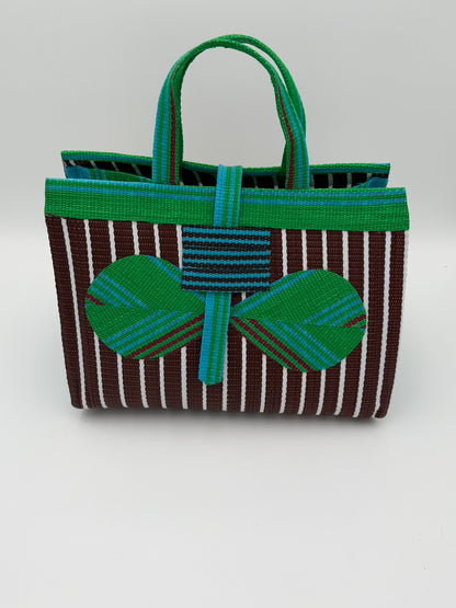 Brownie Large handwoven tote bag by SCRUBIES in Brown,Green,White, with Stripes design and Bow accent pattern