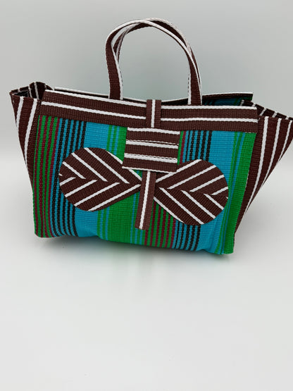 Brownie Large handwoven tote bag by SCRUBIES in Brown,Green,White, with Stripes design and Bow accent pattern