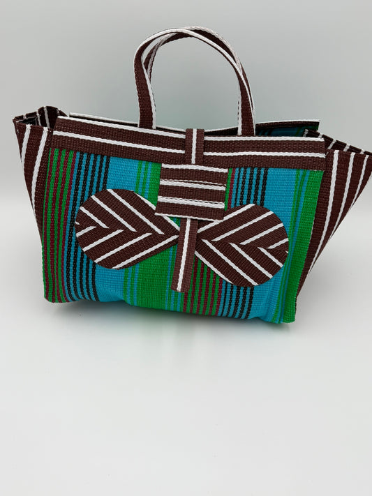 Brownie Large handwoven tote bag by SCRUBIES in Brown,Green,White, with Stripes design and Bow accent pattern