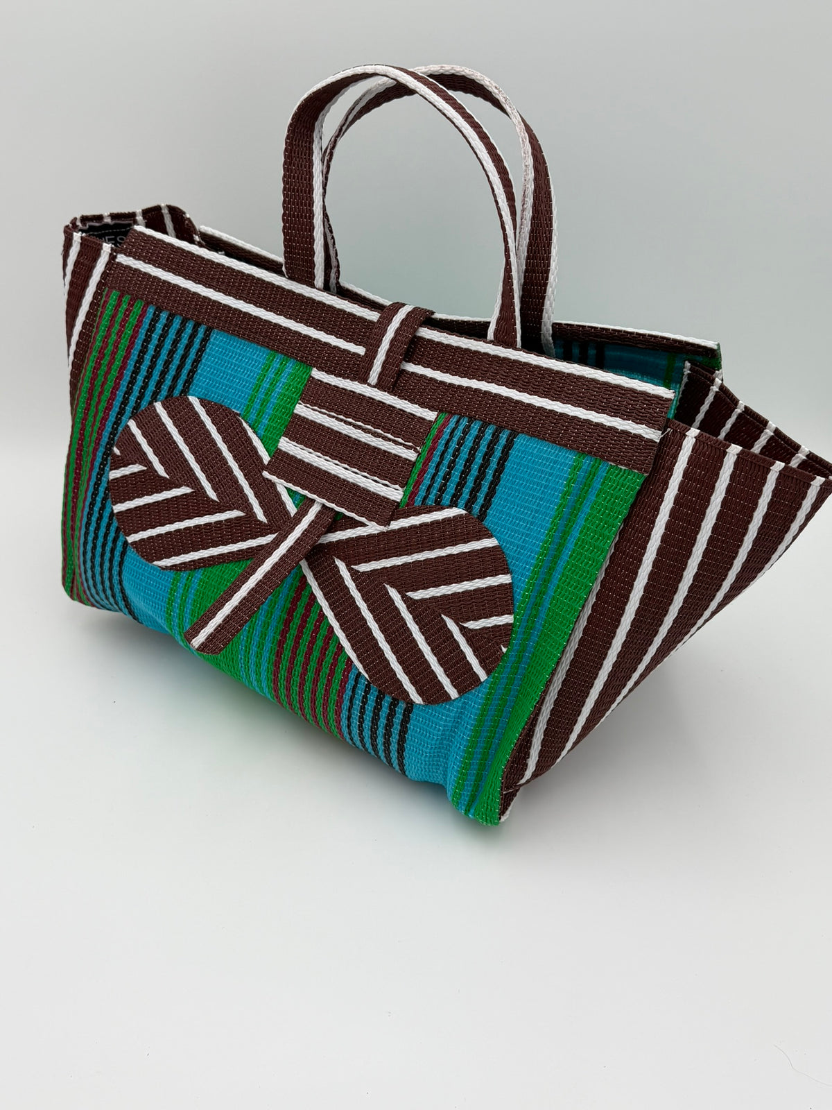 Brownie Large handwoven tote bag by SCRUBIES in Brown,Green,White, with Stripes design and Bow accent pattern
