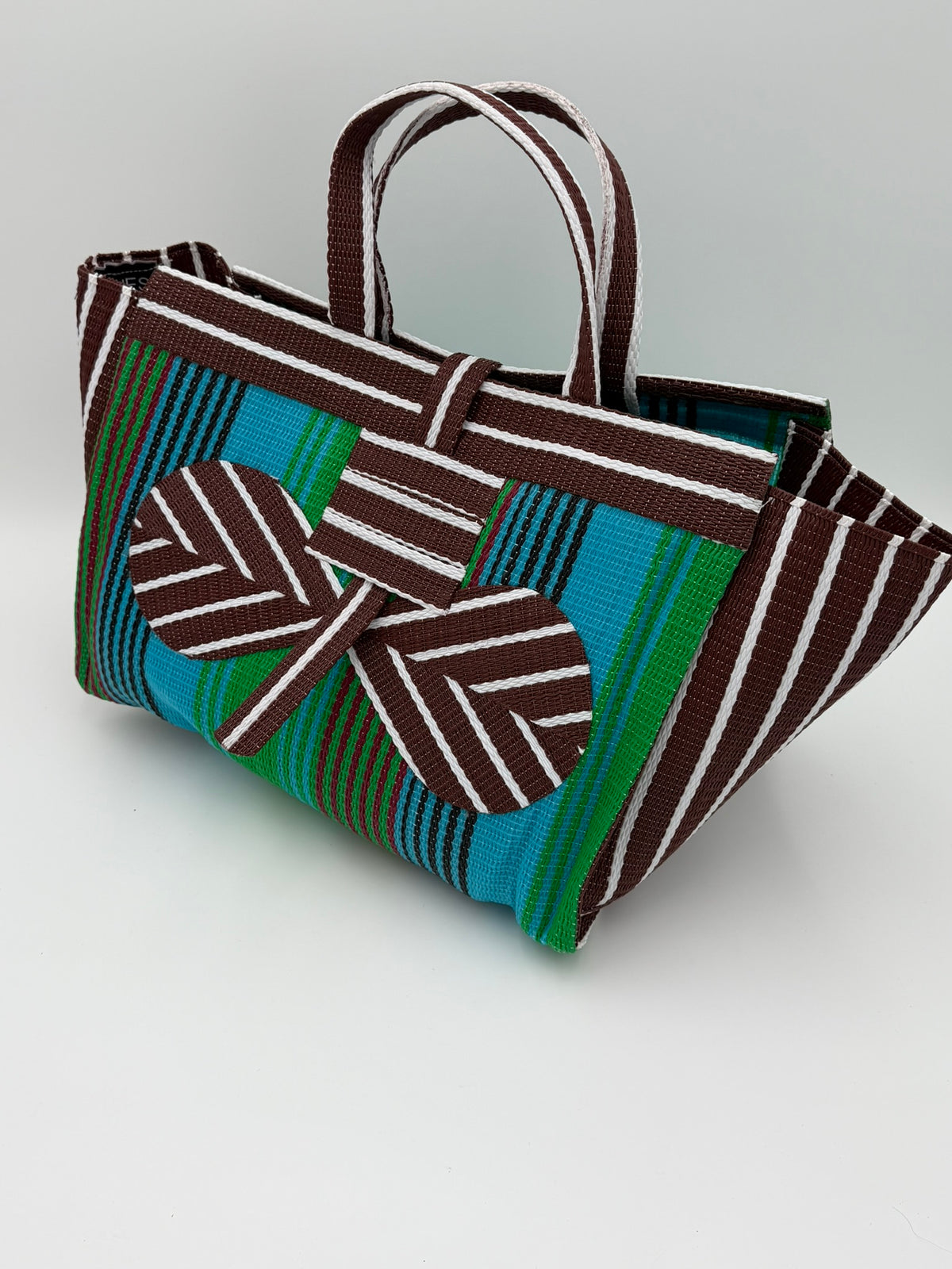 Brownie Large handwoven tote bag by SCRUBIES in Brown,Green,White, with Stripes design and Bow accent pattern