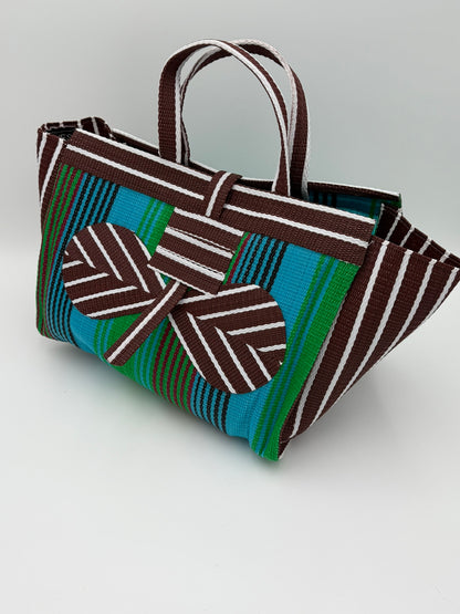 Brownie Large handwoven tote bag by SCRUBIES in Brown,Green,White, with Stripes design and Bow accent pattern
