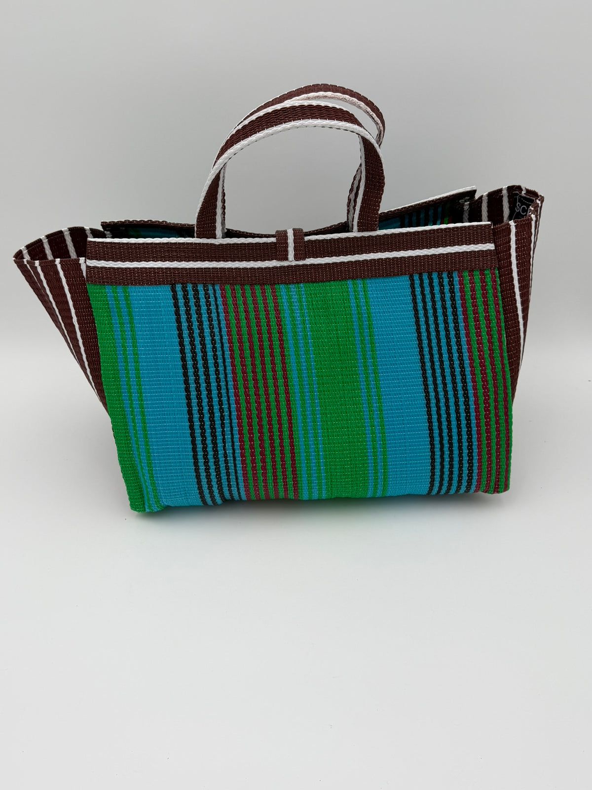 Brownie Large handwoven tote bag by SCRUBIES in Brown,Green,White, with Stripes design and Bow accent pattern