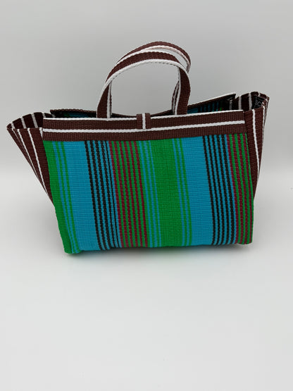 Brownie Large handwoven tote bag by SCRUBIES in Brown,Green,White, with Stripes design and Bow accent pattern