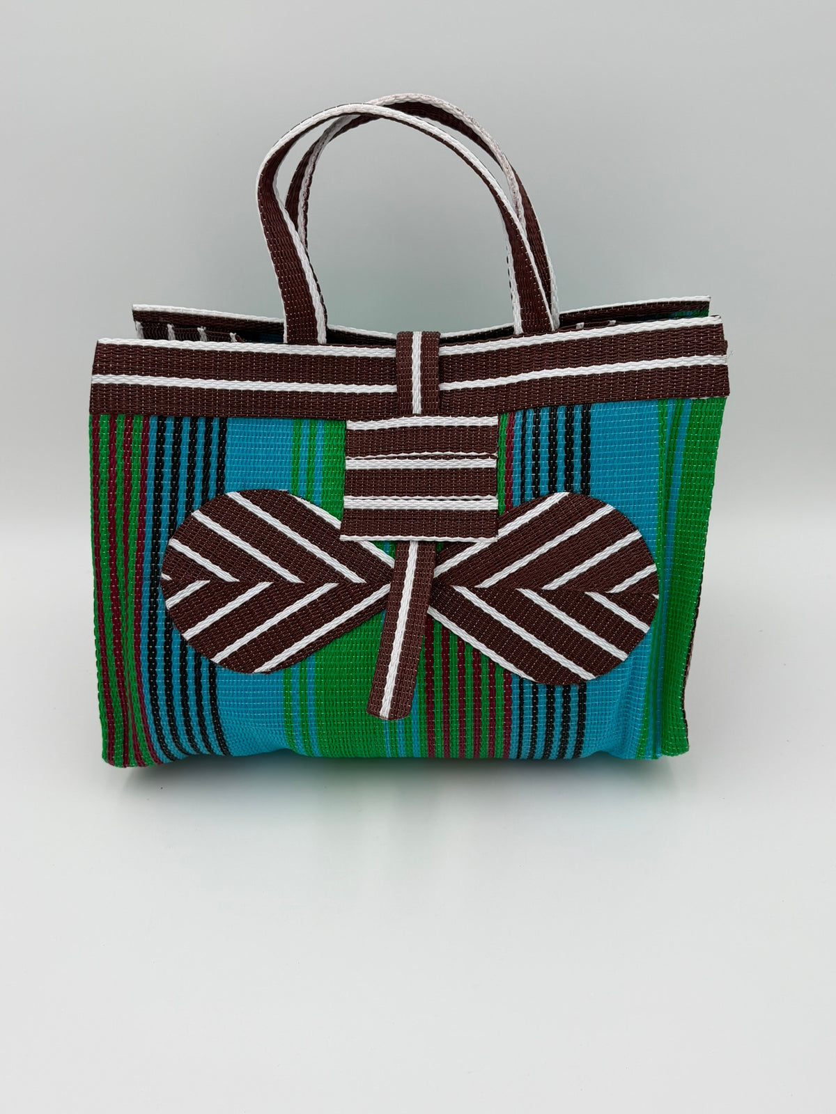 Brownie Large handwoven tote bag by SCRUBIES in Brown,Green,White, with Stripes design and Bow accent pattern