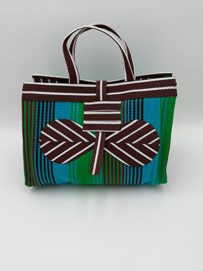 Brownie Large handwoven tote bag by SCRUBIES in Brown,Green,White, with Stripes design and Bow accent pattern