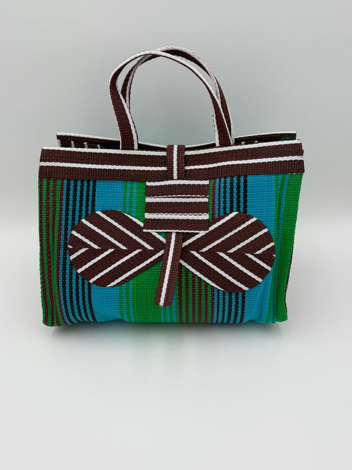 Brownie Large handwoven tote bag by SCRUBIES in Brown,Green,White, with Stripes design and Bow accent pattern