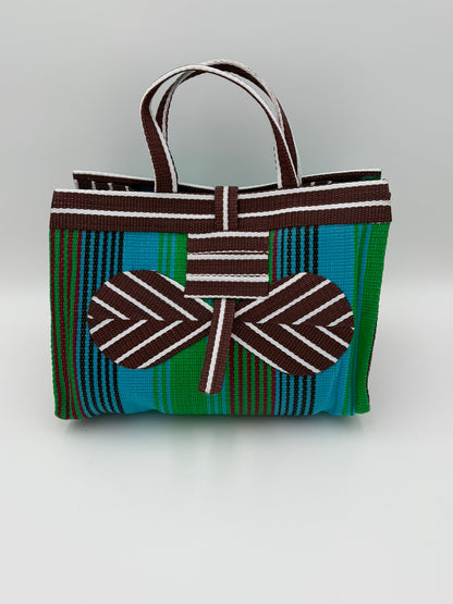 Brownie Large handwoven tote bag by SCRUBIES in Brown,Green,White, with Stripes design and Bow accent pattern