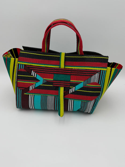 Africana Large handwoven tote bag by SCRUBIES in Red,Black,Blue,White,Yellow,Teal with Stripes design and Abstract accent pattern
