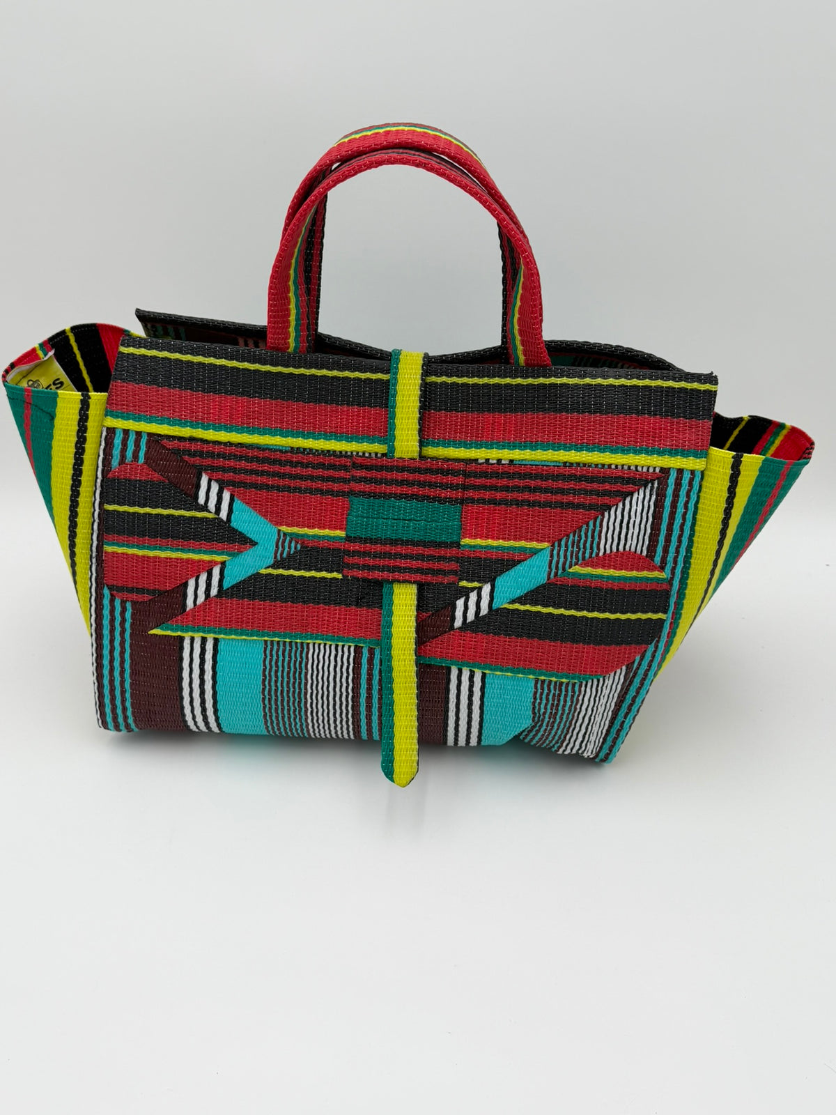 Africana Large handwoven tote bag by SCRUBIES in Red,Black,Blue,White,Yellow,Teal with Stripes design and Abstract accent pattern