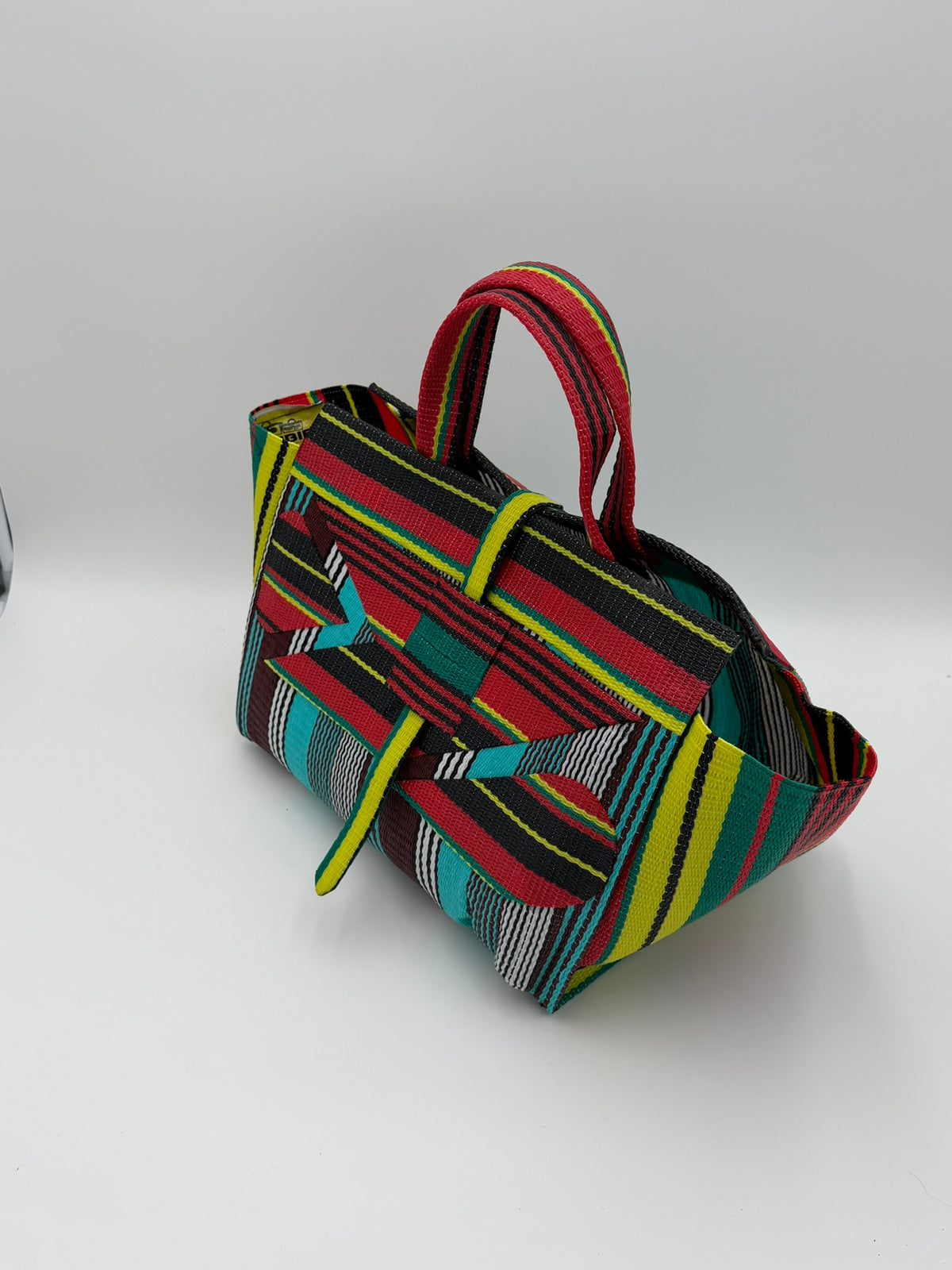 Africana Large handwoven tote bag by SCRUBIES in Red,Black,Blue,White,Yellow,Teal with Stripes design and Abstract accent pattern